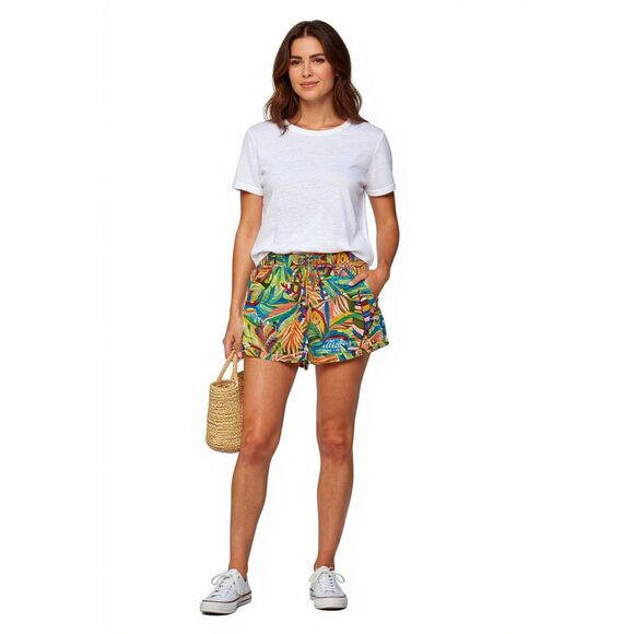 C&C California Tropical 100% Linen Shorts Women Medium Print Hawaiian Beach - Picture 1 of 10